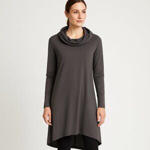 Sarah Pacini Gray Long Sleeve Hooded Minimalist Lagenlook Tunic Dress